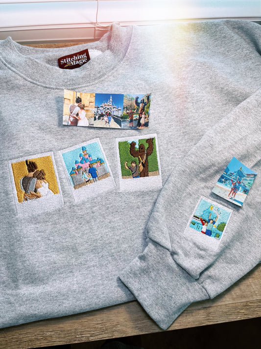 Grey sweatshirt with an embroidered design of three film templates across the chest and a smaller film template on the sleeve.