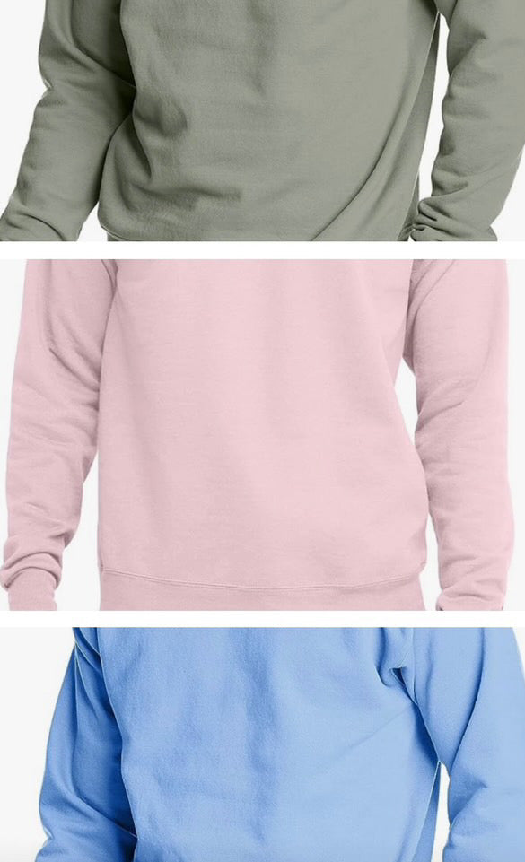 Green, pink, blue sweatshirts. Options for colors.
