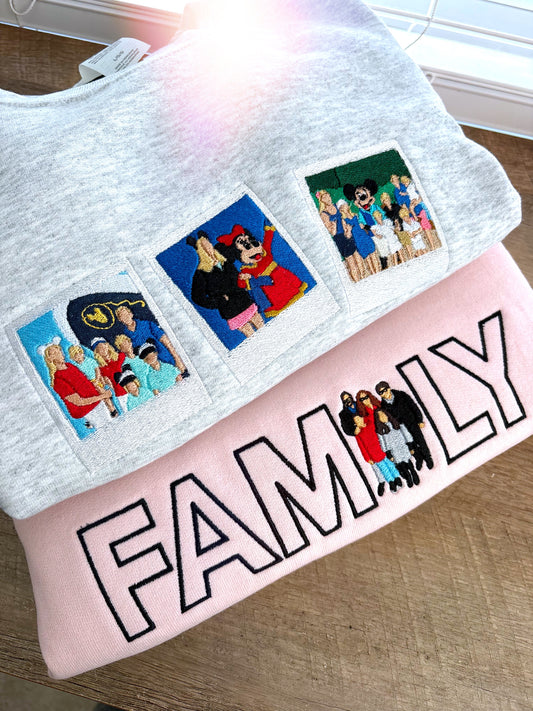 Two sweatshirts, one is gray with three templates embroidery and the pink sweatshirt that says “Family”.