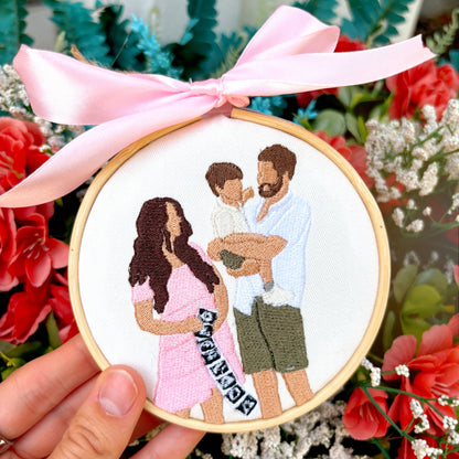 Floral background with a custom embroidered ornament of a family.